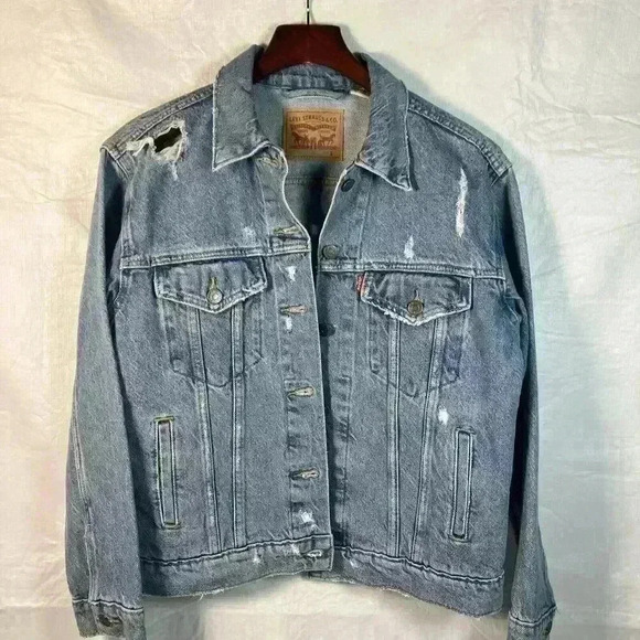Levi’s‎ Women’s Small Retro Denim Jean Jacket Ripped Distressed Grunge S Blue - Picture 1 of 14